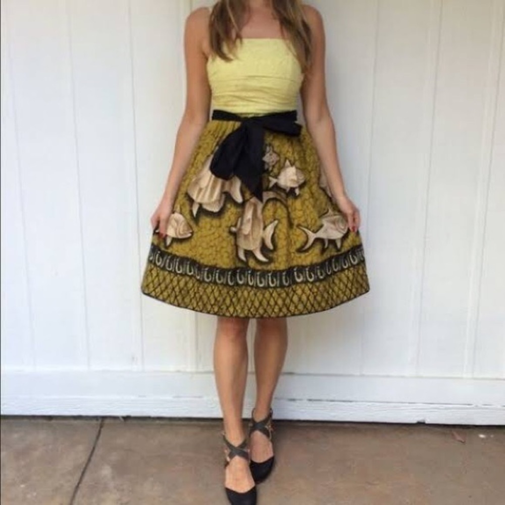 Anthropologie Strapless Yellow and Black Floral Skirt Dress